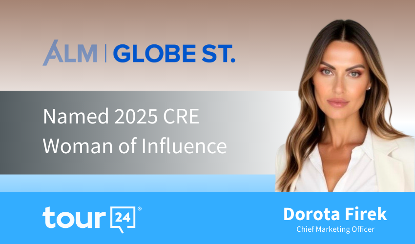 Announcement graphic featuring Dorota Firek, Chief Marketing Officer at Tour24, named a 2025 CRE Woman of Influence by ALM | GlobeSt. The image includes the Tour24 logo, Dorota’s name and title, and a professional photo of her in a light blazer