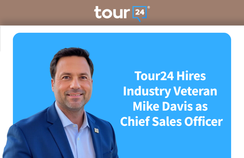 Portrait of Mike Davis in a blue suit, smiling, with the headline 'Tour24 Hires Industry Veteran Mike Davis as Chief Sales Officer' on a blue background and the Tour24 logo at the top.